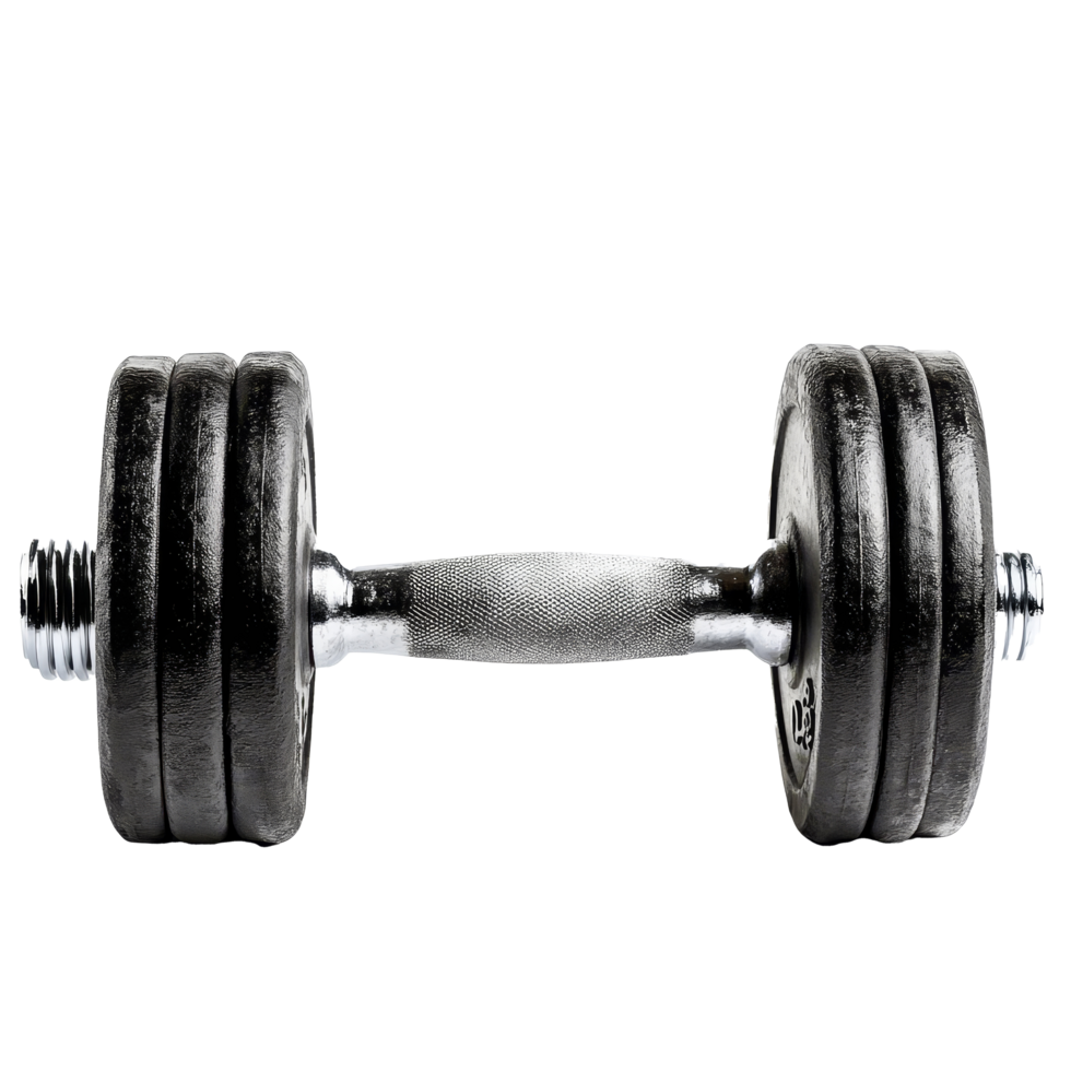 Durable black dumbbell isolated on a clean transparent background for fitness and strength training activities, dumbbell isolated on transparent background png