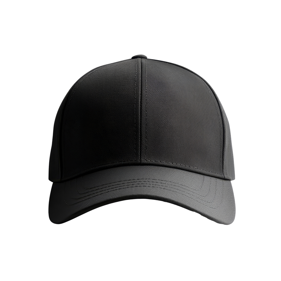 Front view mockup of a black baseball cap with a clean design for branding purposes, black baseball cap mockup front view, file of isolated object with shadow on transparent background png