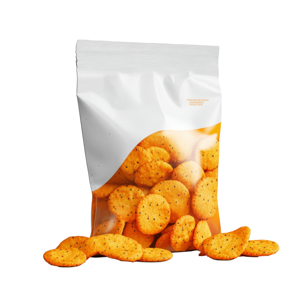 Snack packaging isolated on a plain background showcasing crispy treats with visible texture and flavoring, Packaging for snack isolated png