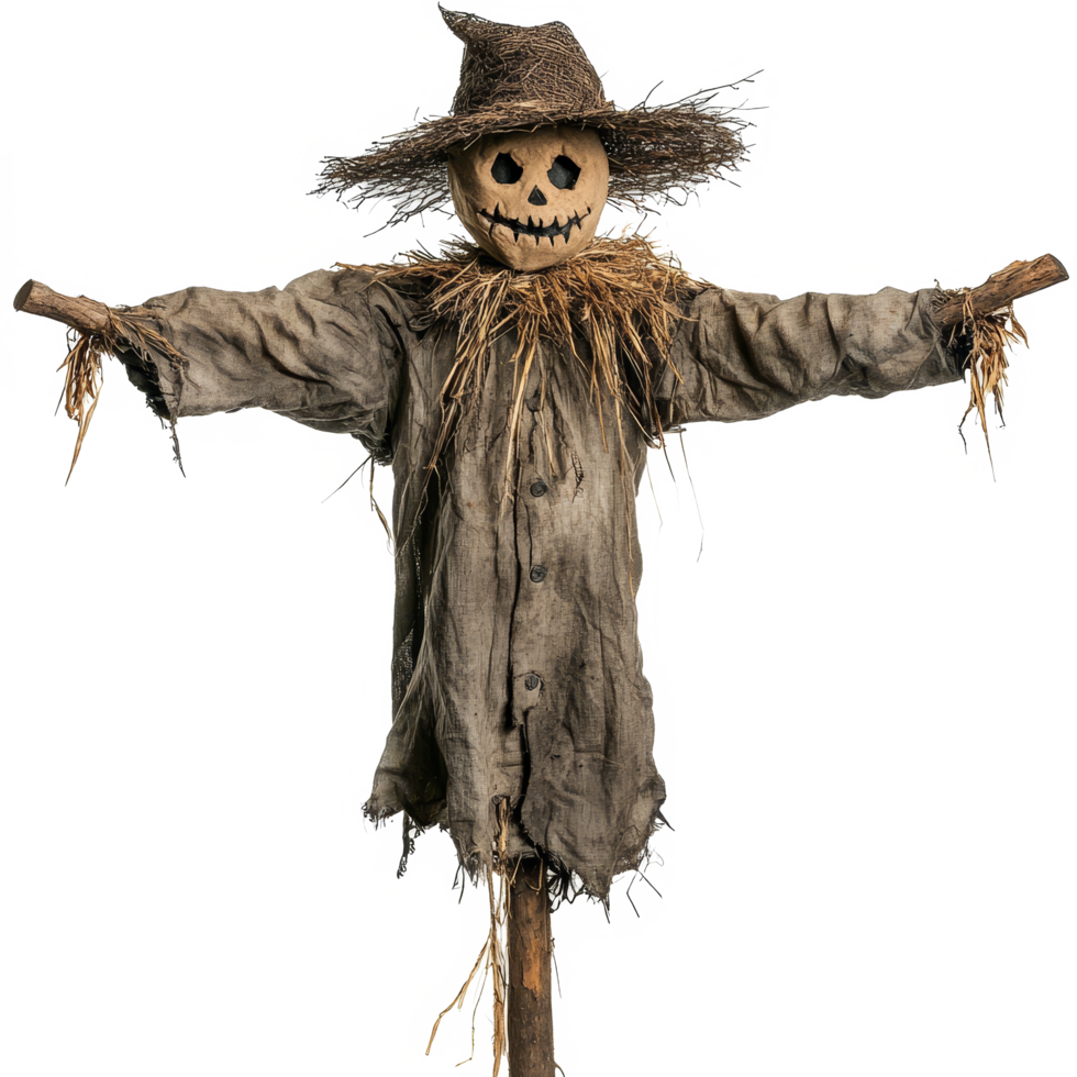 Scary scarecrow standing alone on a transparent background with a menacing grin and tattered clothing, Scary Scarecrow Isolated on transparent background png