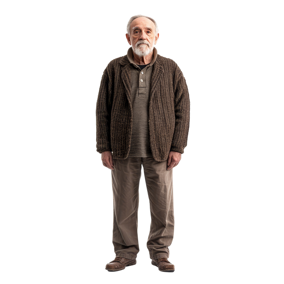 Elder man stands confidently in a cozy sweater against a clean transparent background in a well-lit indoor area, Grandfather elder man standing full body view isolated on transparent background png