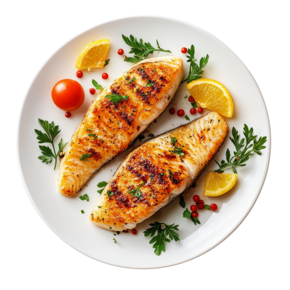 Gourmet grilled fish fillet served with fresh herbs, lemon, and cherry tomatoes on a transparent plate, Plate of gourmet grilled fish fillet on transparent background png