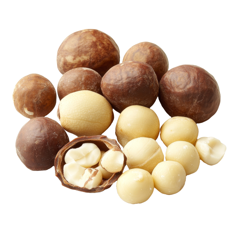 Discover the rich variety of macadamia nuts resting against a clean transparent background, Macadamia nuts on transparent background png