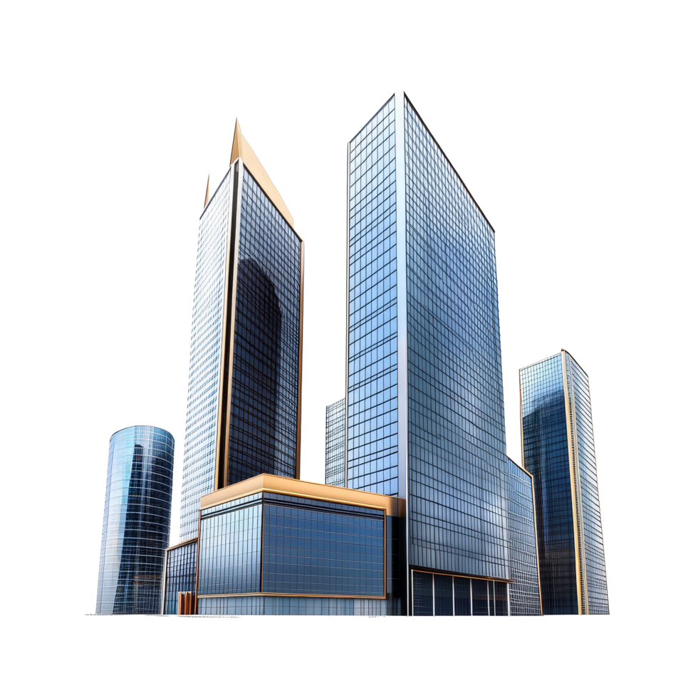 Modern office buildings designed with glass facades and unique architecture isolated on a transparent background, Modern Office Buildings Isolated on transparent background png