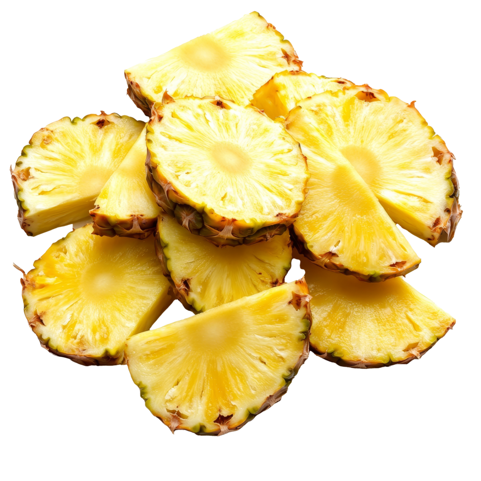Freshly sliced pineapple pieces arranged neatly on a transparent background ready for a tasty snack or dessert, Slices of fresh pineapple png