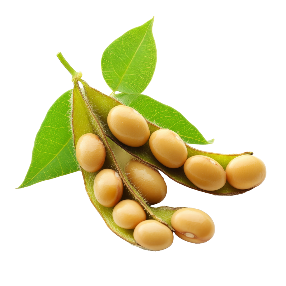 Freshly harvested soybean pods with leaves showcasing healthy agricultural produce on a transparent background, Soybean isolated png