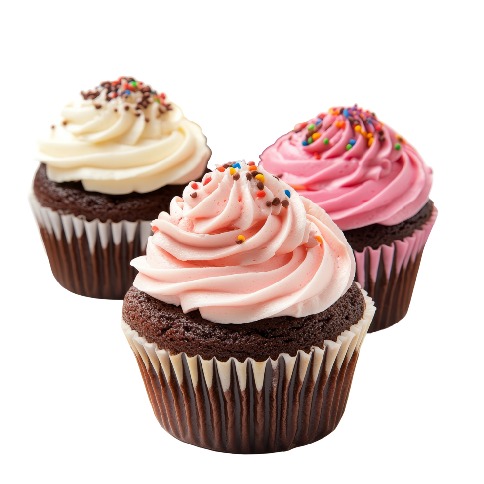 Delicious chocolate cupcakes with colorful frosting and sprinkles on a transparent background, 3 cup cake isolated on transparent background cutout png
