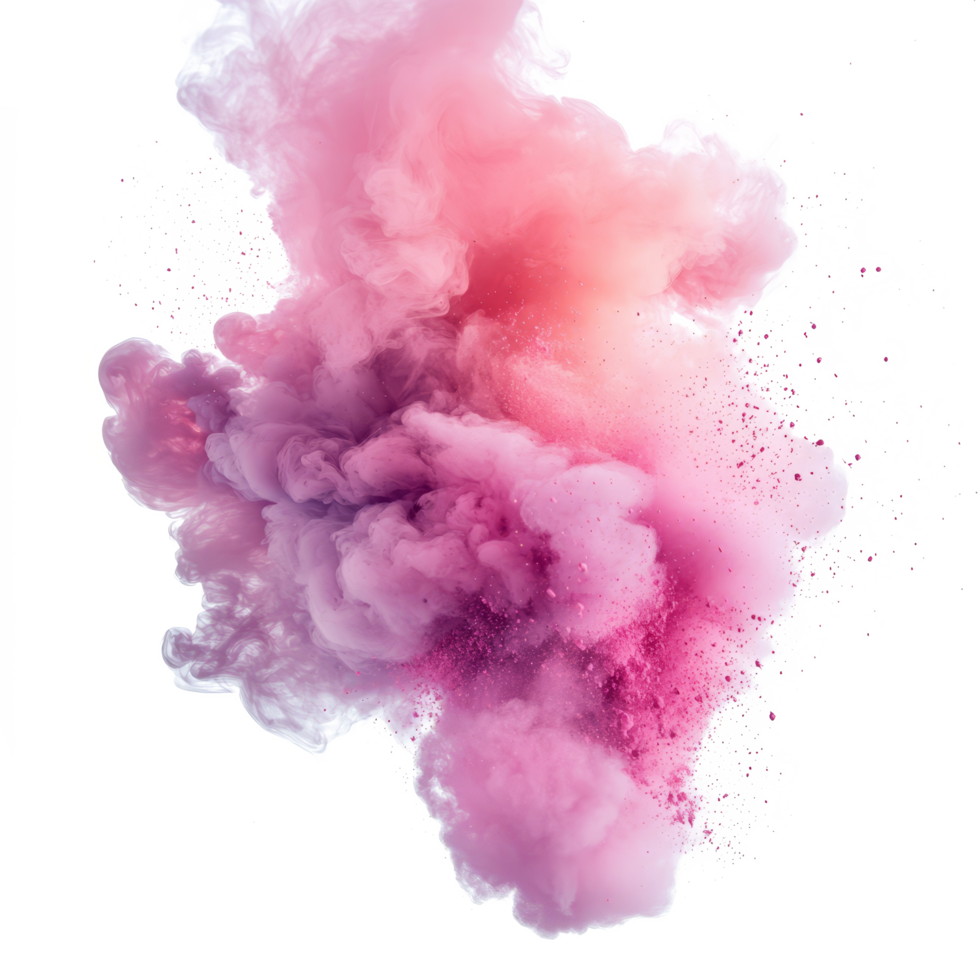 A vibrant pink smoke explosion creating a colorful and dynamic cloud effect against a clean background, Colorful pink smoke paint explosion, color fume powder splash on transparent background png