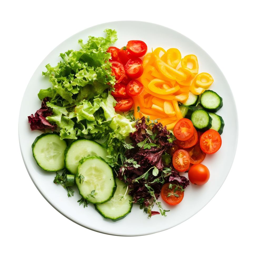 Fresh and colorful vegetable salad beautifully arranged on a transparent plate for a healthy meal option, vegetable delicious meal on transparent background png
