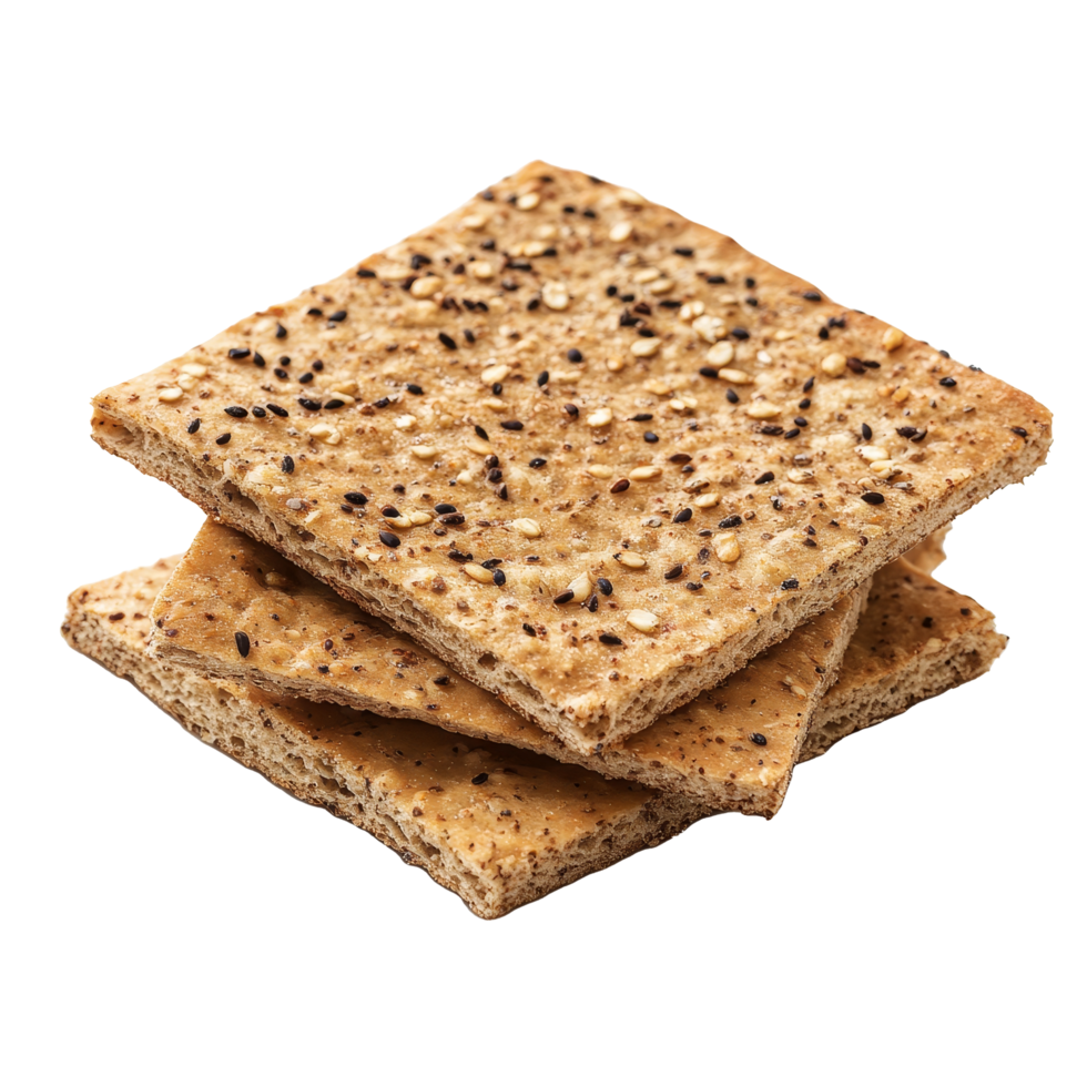Freshly baked multigrain flatbread stacked on a transparent surface, showcasing its texture and wholesome ingredients, Isolated fresh baked flat multigrain bread png