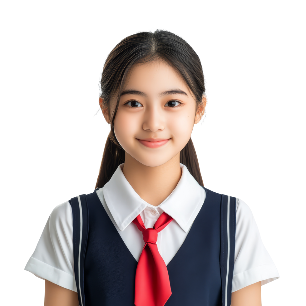 Joyful Asian student in school uniform smiles brightly in a sunny classroom, promoting a vibrant learning vibe, Portrait Happy Asian student girl in school uniform isolated transparent background png
