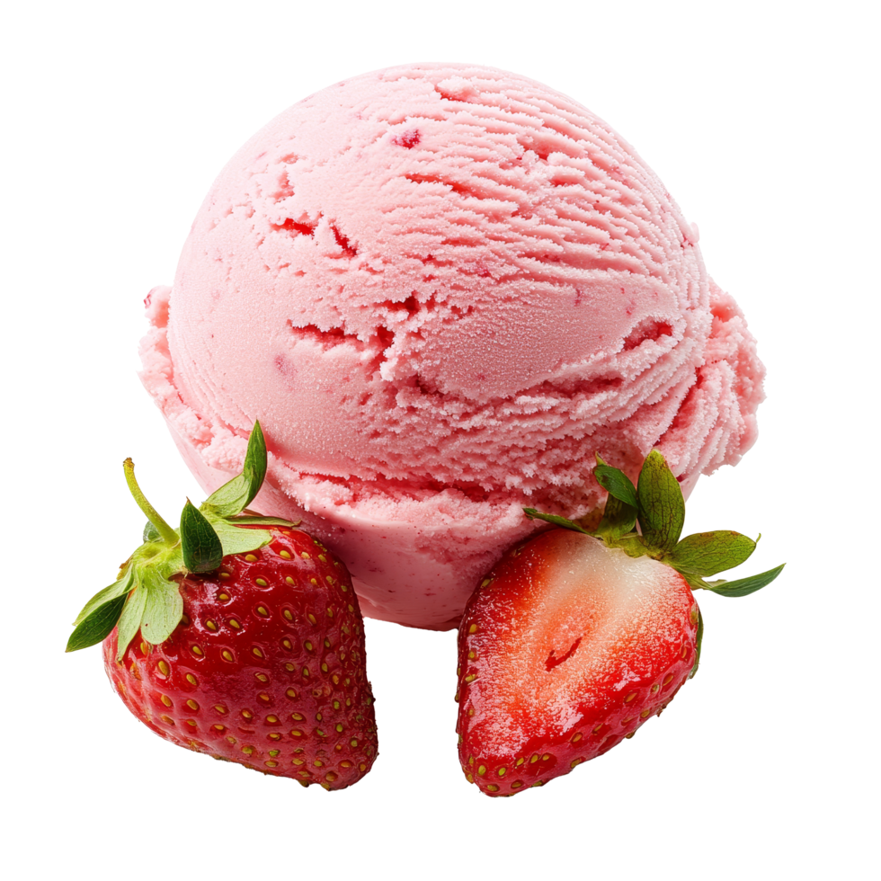 Delicious strawberry ice cream scoop with fresh strawberries on a clean transparent background, strawberry juice isolated on transparent background png