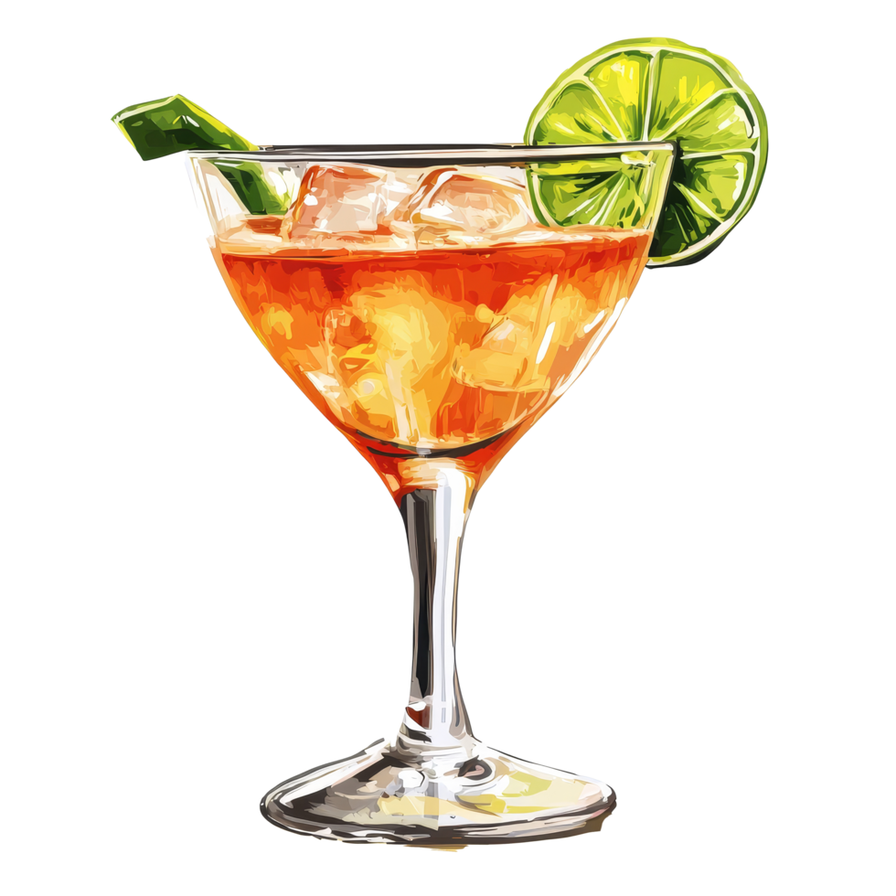 A refreshing cocktail in a glass garnished with a lime and mint, set against a clean transparent background, Clipart cocktail, on transparent backgroundillustration png
