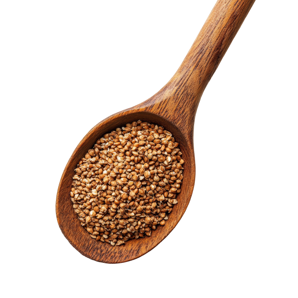 Buckwheat grains in a wooden spoon isolated on a transparent backdrop for culinary and health-focused presentations, Buckwheat in wood spoon isolated on transparent background png