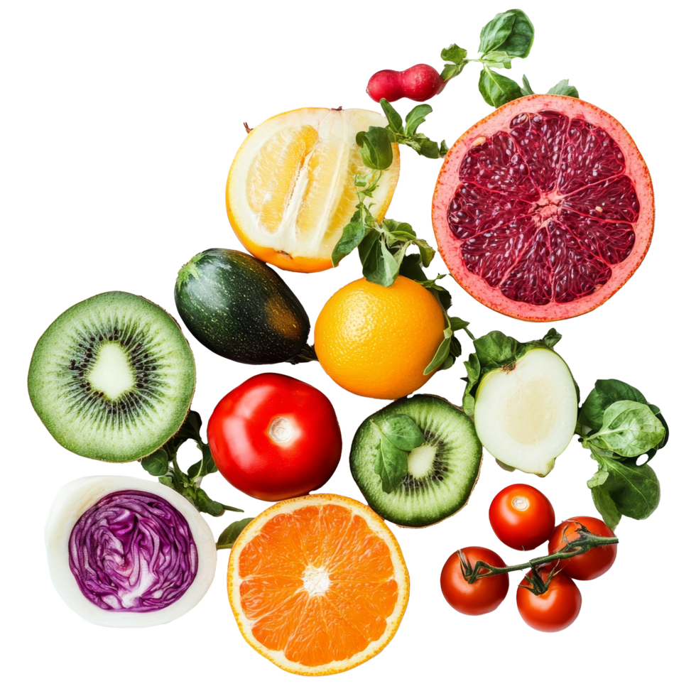 A vibrant mix of fresh fruits and vegetables displayed on a transparent background, highlighting their natural beauty, fruit and vegetable on transparent background png