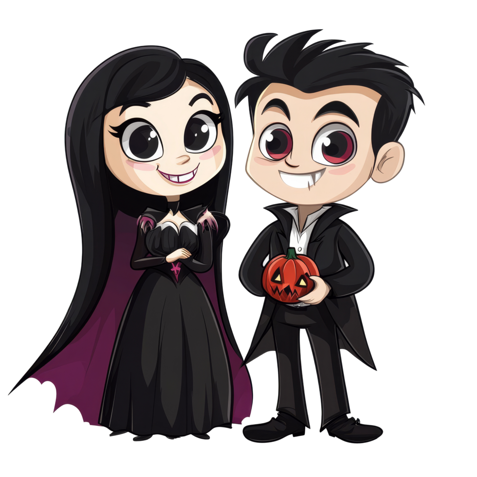 Cartoon Halloween vampires celebrate the spooky season while holding a pumpkin on a bright transparent background, Cartoon Halloween Vampires on transparent background png