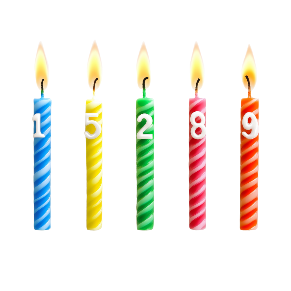 Colorful birthday candles representing numbers from one to nine with vibrant flames, 123 numbers, digits candles. From zero, one to eight and nine isolated on transparent png