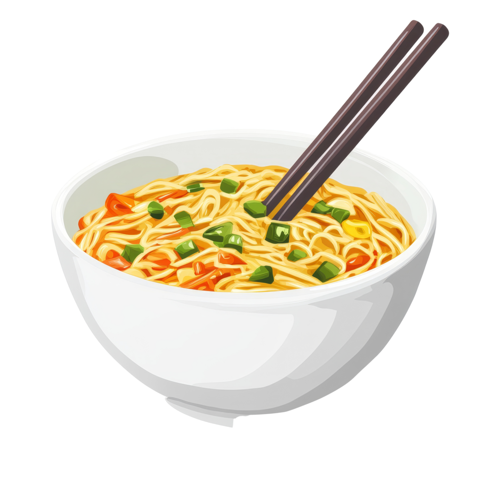 Delicious bowl of instant noodles with vegetables and chopsticks arranged on a clean transparent background, Instant noodles on transparent background png