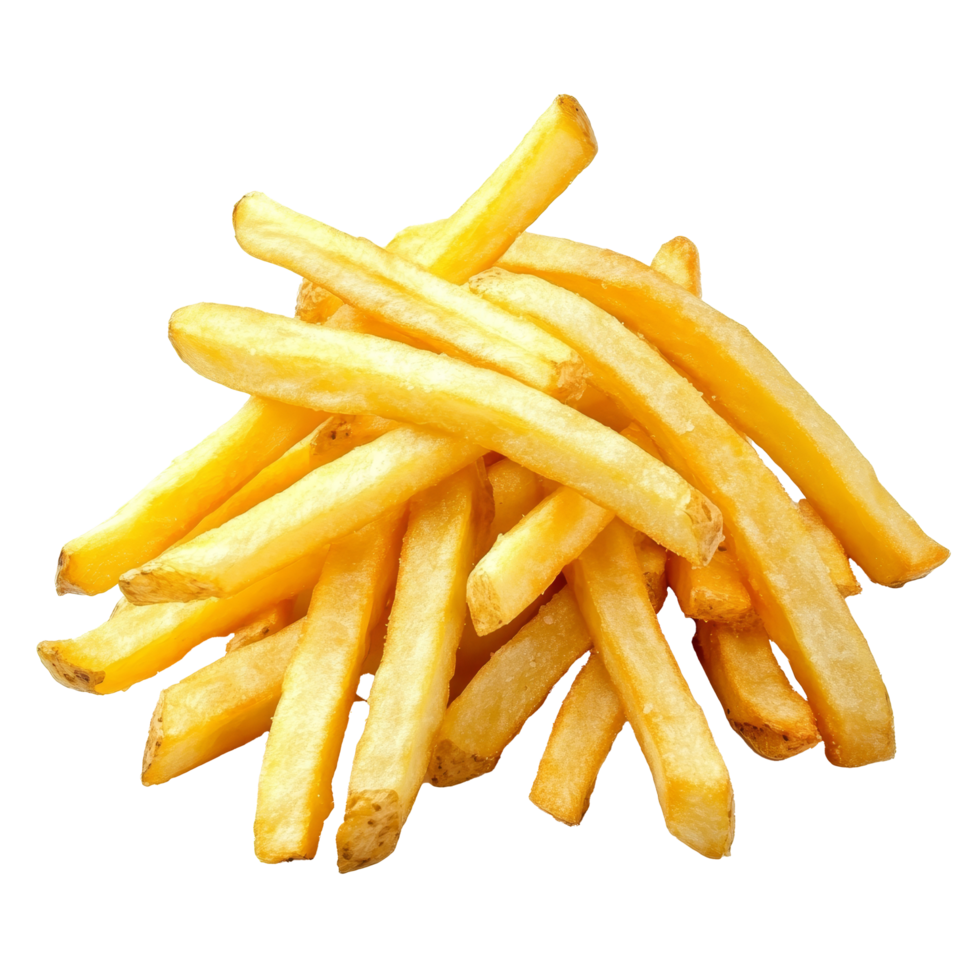 Crispy golden French fries piled high on a transparent background, ready to be enjoyed as a delicious snack or side dish, French fries isolated on transparent background png