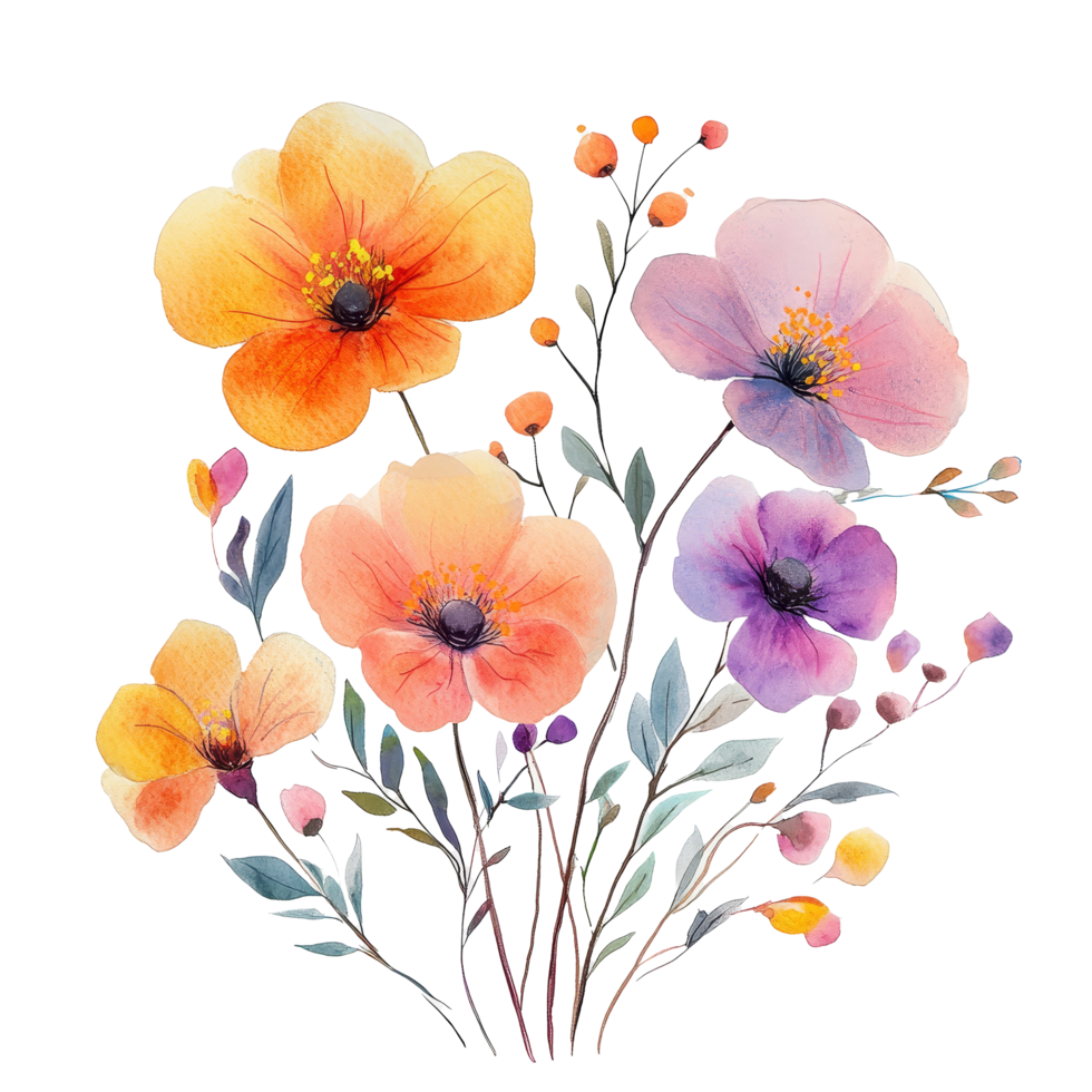 Vibrant watercolor flowers with delicate petals and leaves arranged on a soft transparent background for artistic inspiration, Navy Watercolor Flowers on transparent background png