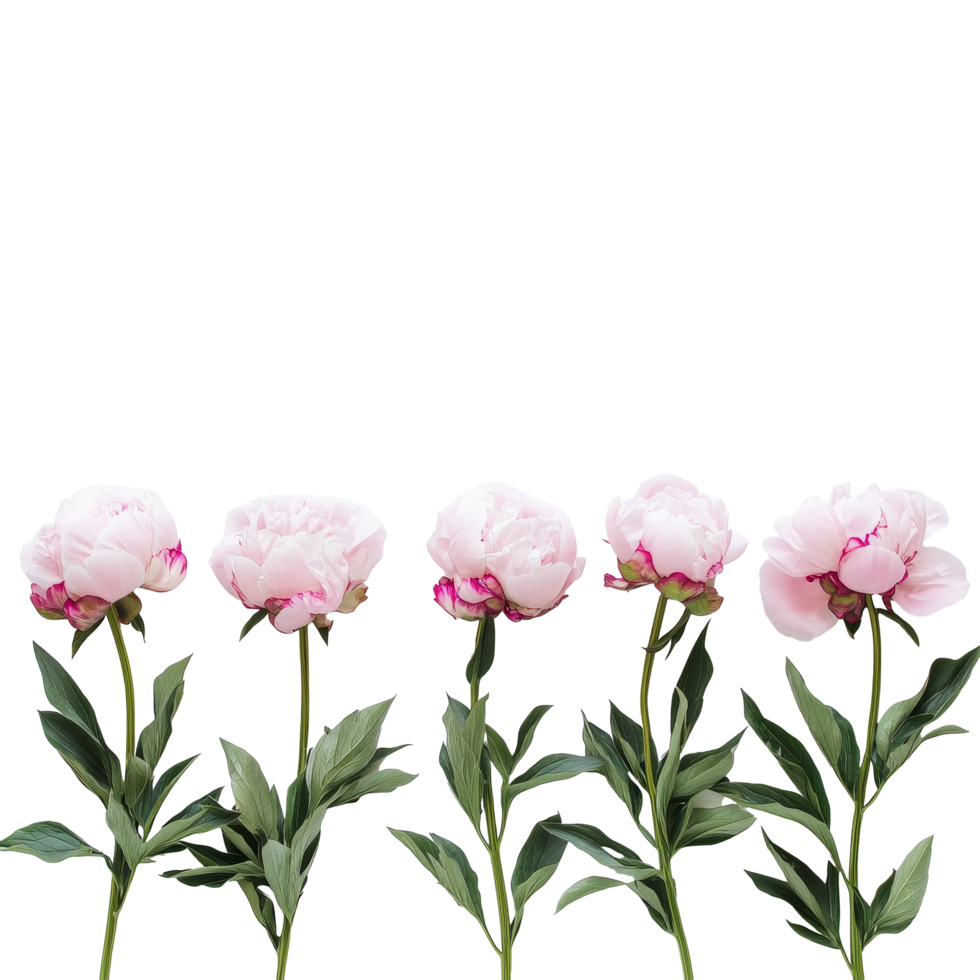 A row of elegant pink peonies with fresh green stems arranged beautifully on a bright transparent background, row of pink peonies flowerfile of isolated object on transparent background png