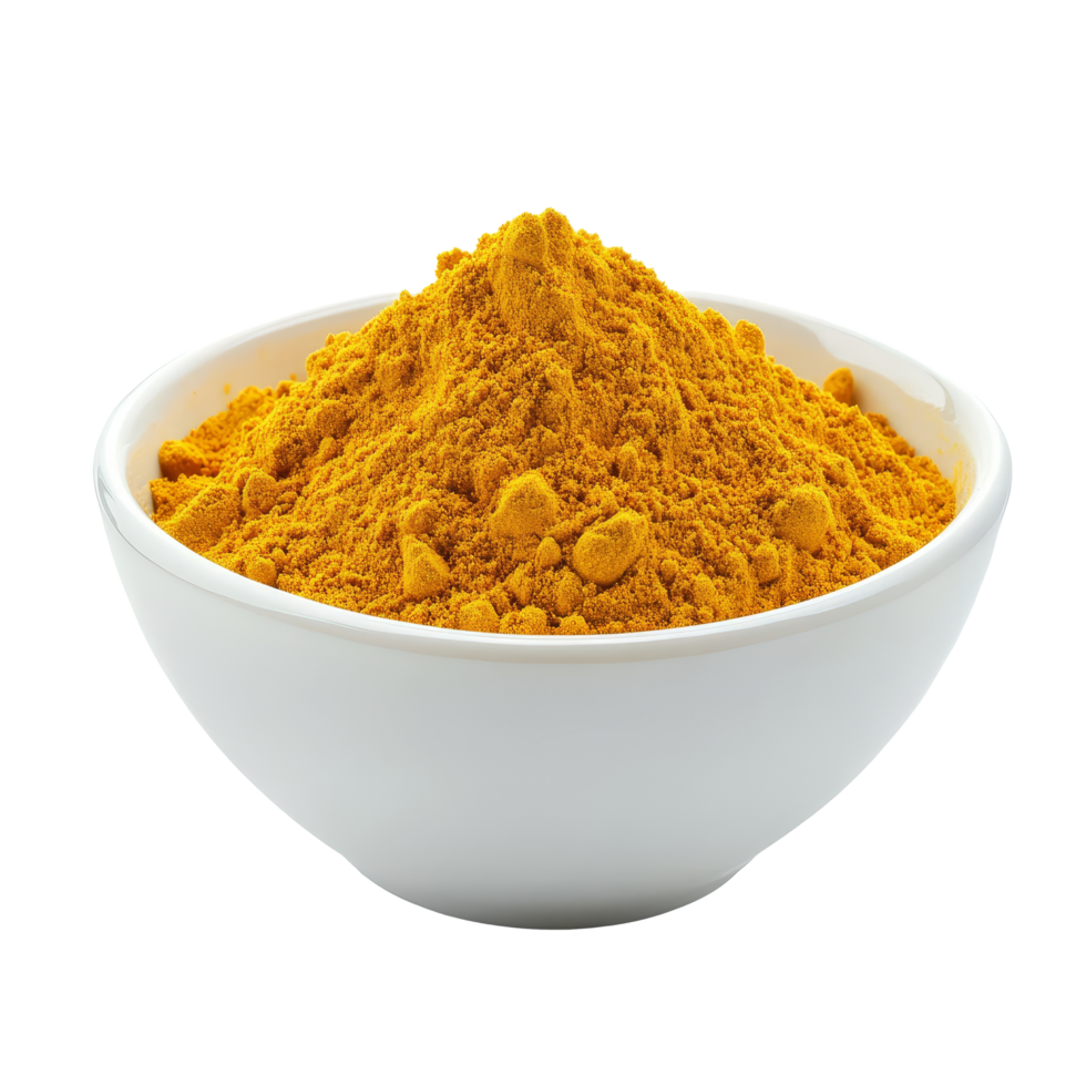 Turmeric powder in a transparent bowl on a clean transparent background ready for culinary and health uses, Turmeric powder in transparent bowl isolated on transparent background png