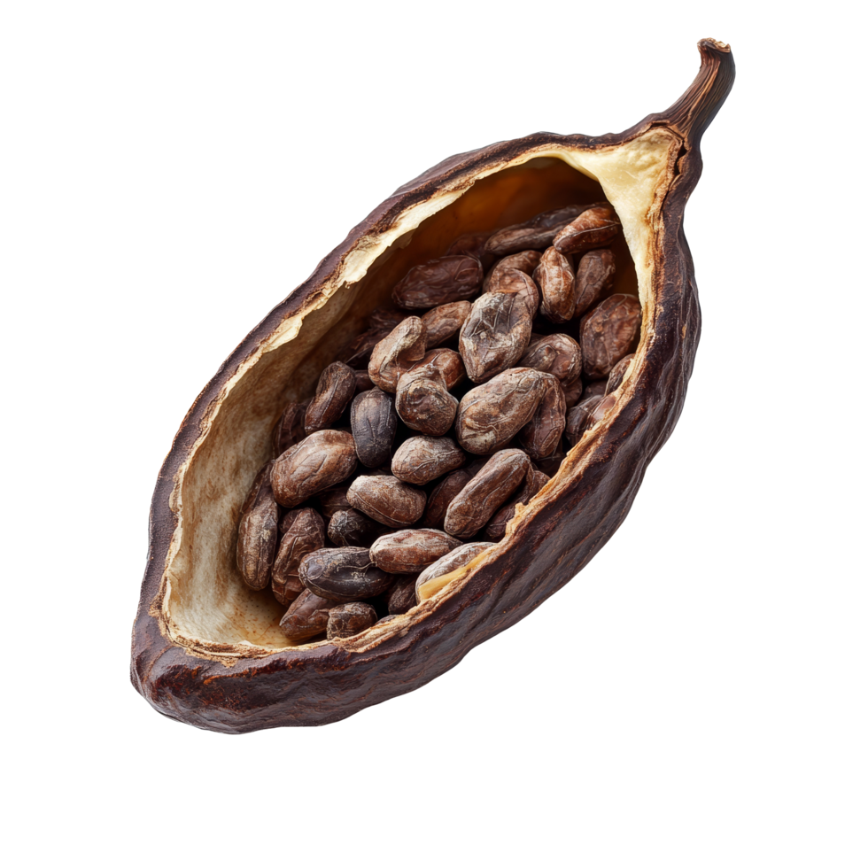 Cacao pod with cacao beans isolated on a transparent background showcasing the pod's unique structure and texture, Cacao pod isolated on transparent background png