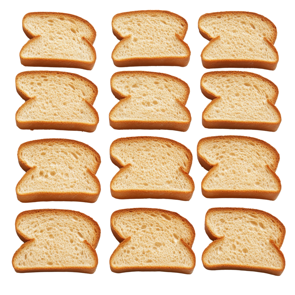 Rows of neatly stacked slices of bread create an organized arrangement on a transparent background, Rows of bread, stack rows of slices on transparent backgroundfile png