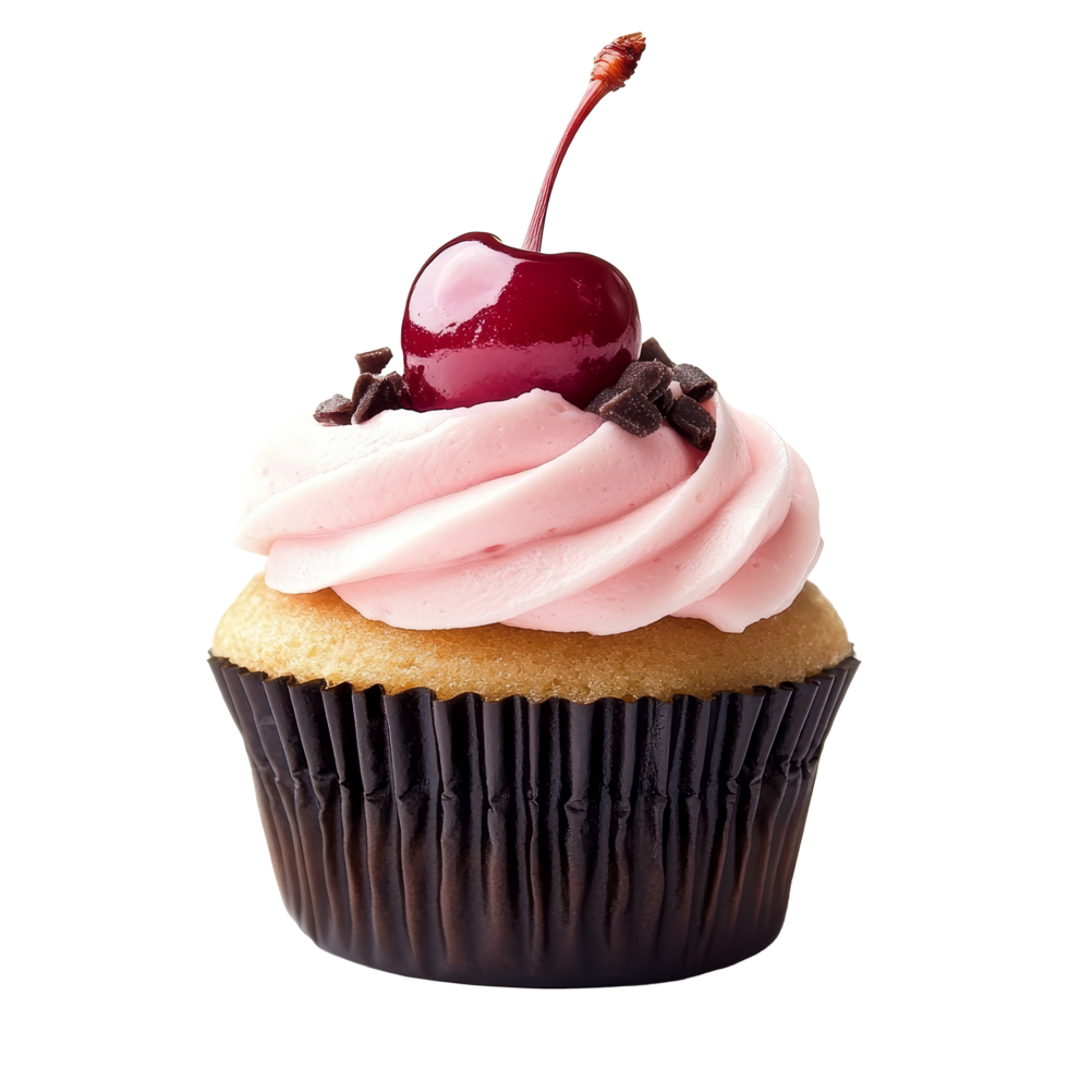 Delicious cupcake topped with pink cream and a cherry, perfect for dessert lovers at any celebration or gathering, cupcake with cherry and pink cream isolated on transparent background png