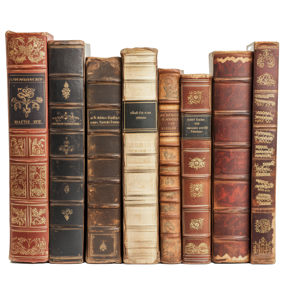 A collection of vintage books in various bindings displayed on a transparent background showcasing their unique designs, Vintage Book s in Various Bindings on transparent background png