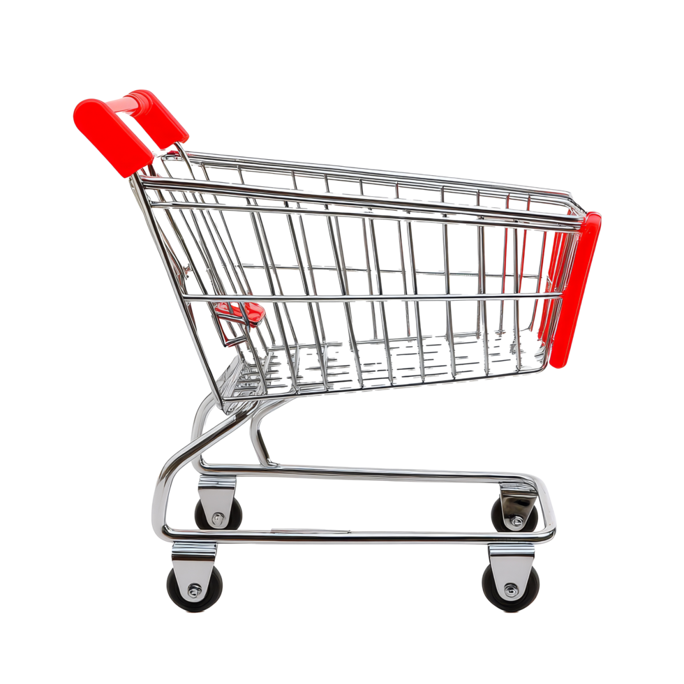 Shopping cart with red handle isolated on transparent background for retail and grocery shopping needs, shopping cart with red handle isolated on transparent background png