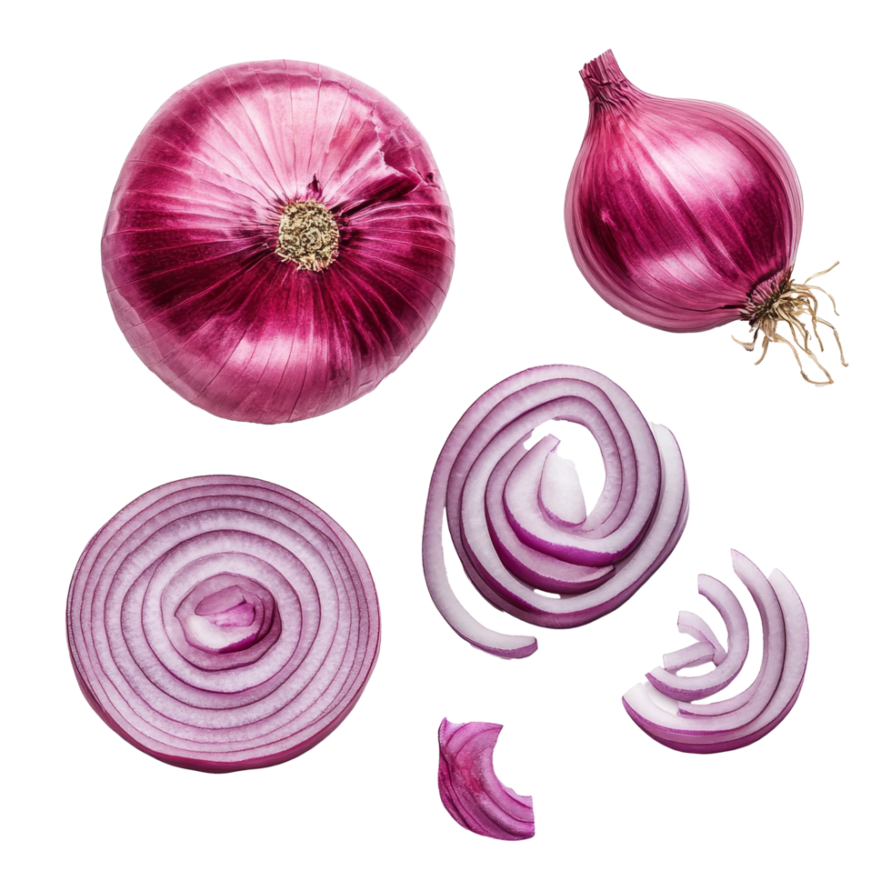 Frais rouge oignon tranches arrangé astucieusement sur une transparent Contexte mise en évidence leur vibrant Couleur et texture, rouge oignon tranches isolé sur transparent Contexte png