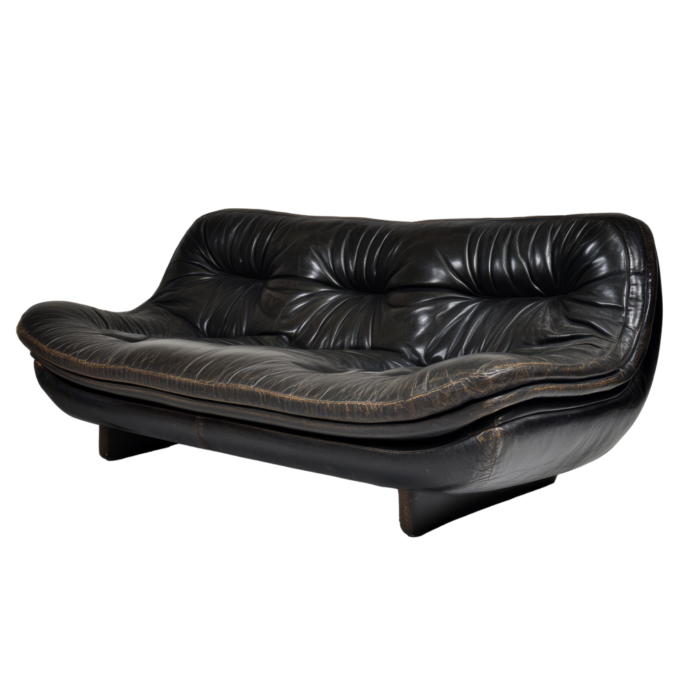 Stylish black leather sofa with a sleek design, beautifully contrasting against a transparent background, black leather sofa png