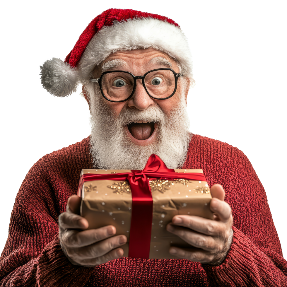 Surprised grandpa joyfully unwraps a Christmas gift while wearing a festive red sweater and Santa hat, Surprised grandpa with christmas gift on transparent background png