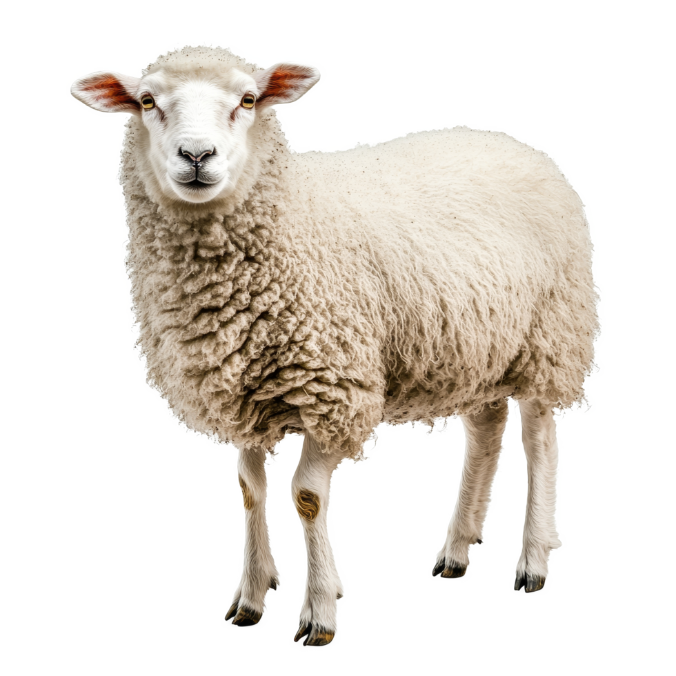 A fluffy sheep stands alone against a transparent background, showing off its soft wool and calm demeanor, Sheep isolated transparent background png