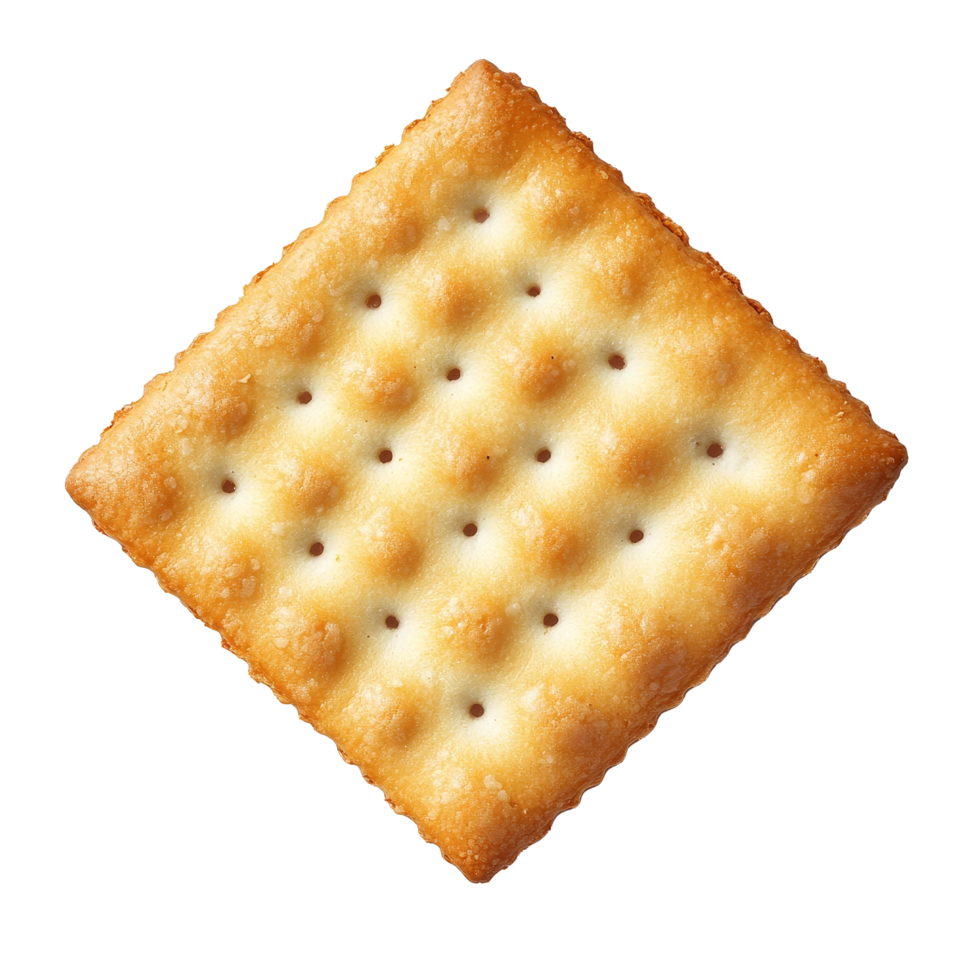 A single golden cracker isolated against a pure transparent background showcasing its texture and shape in top view, Cracker isolated on transparent background png