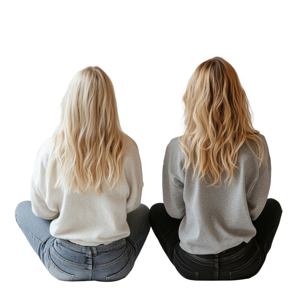 Two blonde women sitting cross-legged on a smooth surface, enjoying a peaceful moment together, Back View of Two Blonde Women Sitting CrossLegged on transparent background png