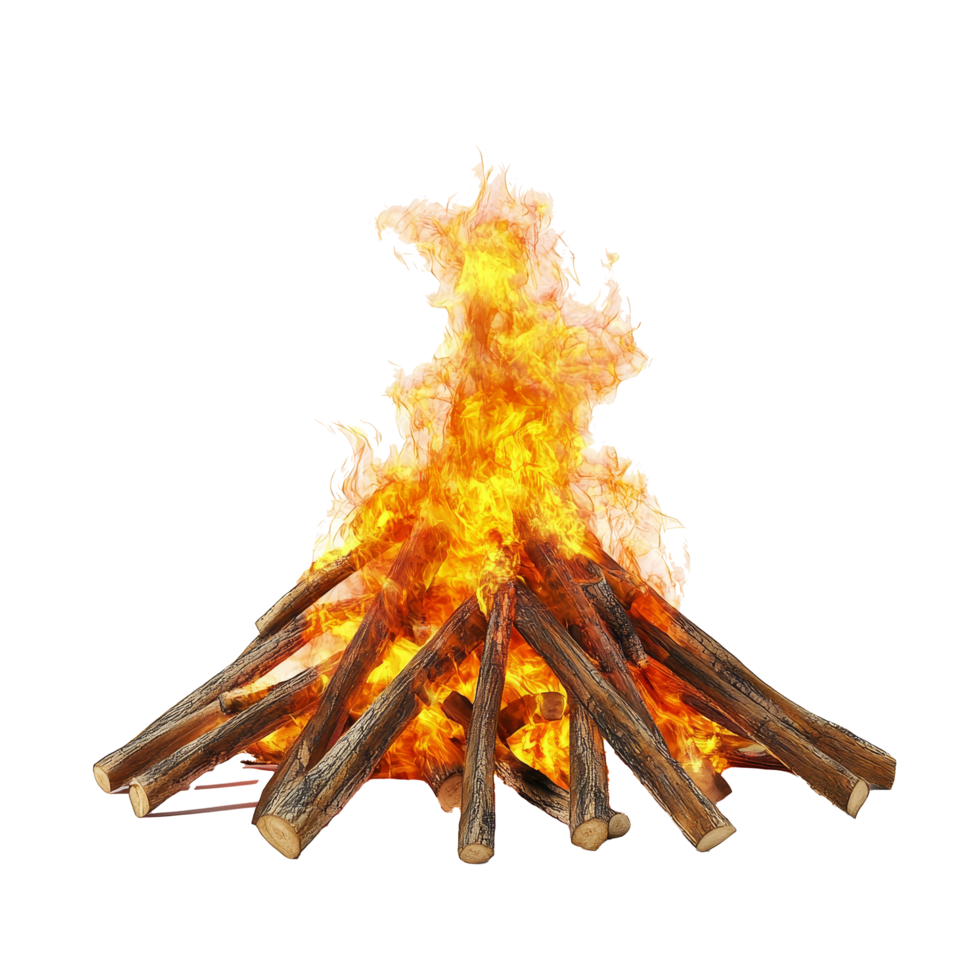 A vibrant bonfire with dancing flames against a clear transparent background showing warmth and energy, bonfireisolated transparent background png