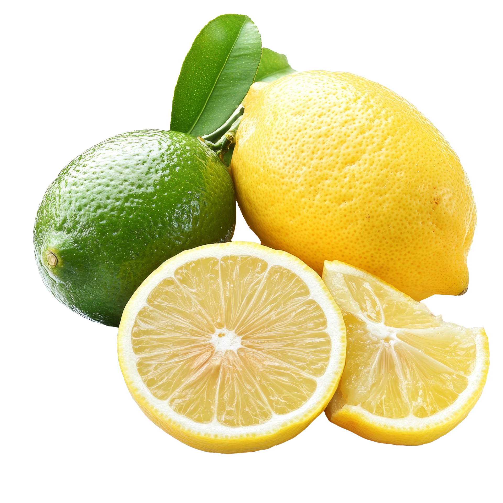 Fresh lime and lemon halves on a transparent background, showcasing