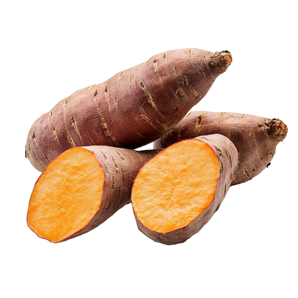 Fresh yams cut open, revealing vibrant orange flesh, displayed on a clean transparent background, yams on transparent background png