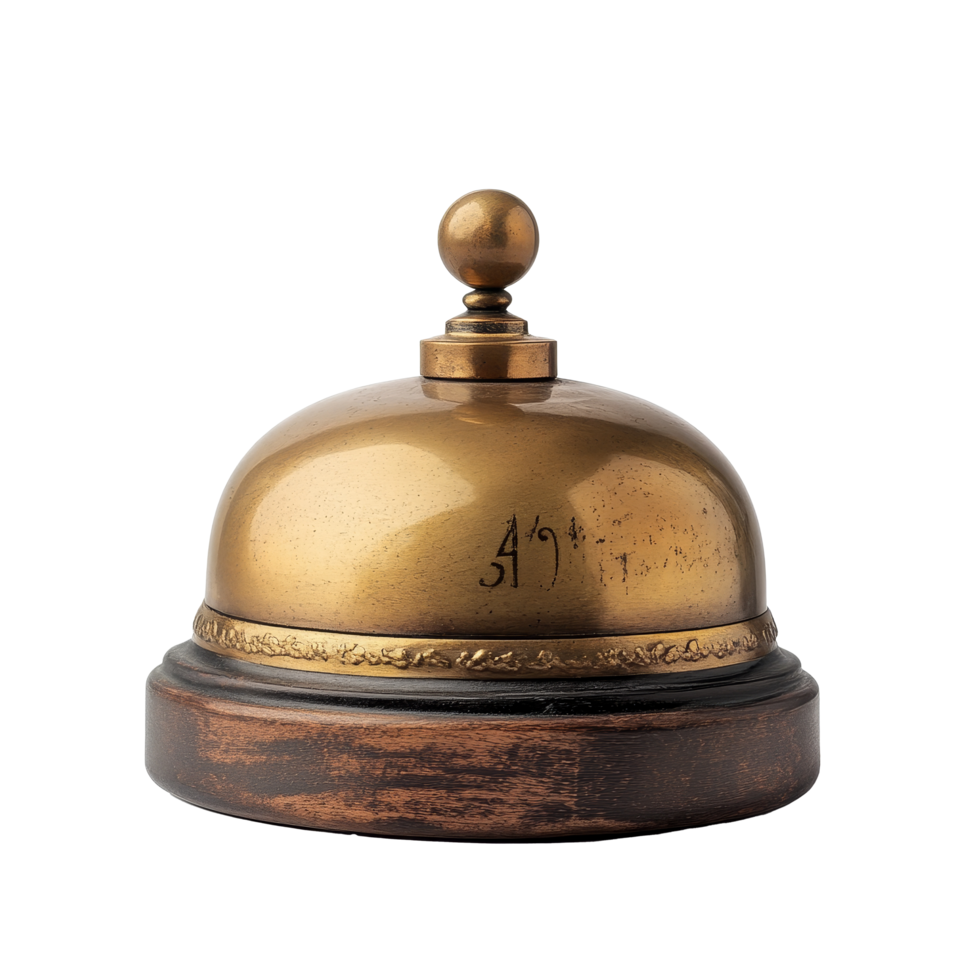 Elegant desk bell with a vintage brass finish isolated on a clean transparent background, Desk bell isolated on transparent background png