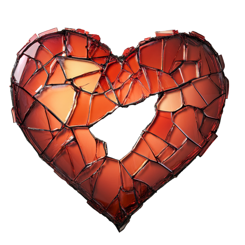 A broken heart crafted from shattered glass pieces on a clean transparent background, Broken heart on transparent background png