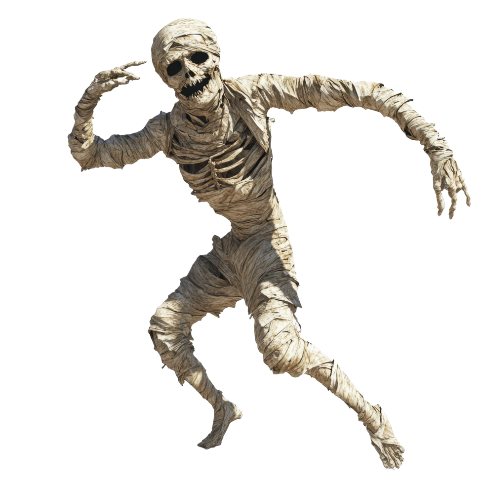 A frightening mummy dances energetically, showcasing its eerie movement in a bright, isolated setting, scary mummy dancing, file of isolated object with shadow on transparent background png