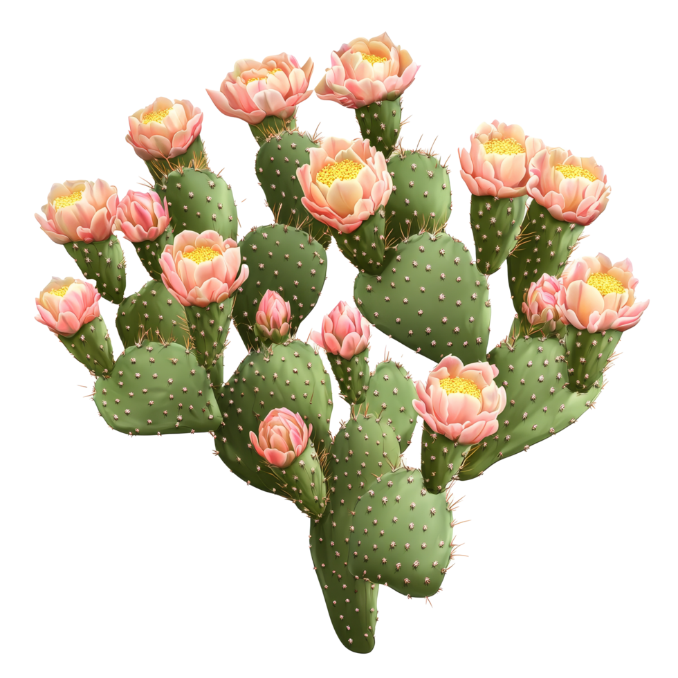 Prickly pear cactus bush with blooming pink flowers isolated on a transparent background during springtime, Prickly pear blooming cactus bush, file of isolated object on transparent background png