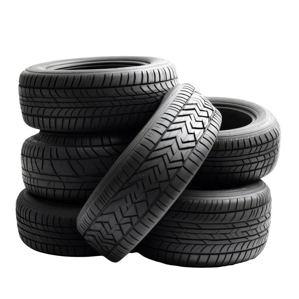 Stacked tires in a neat arrangement isolated against a clean transparent background, showcasing their sleek design and texture, Tires Stacked Up Isolated on transparent Background png