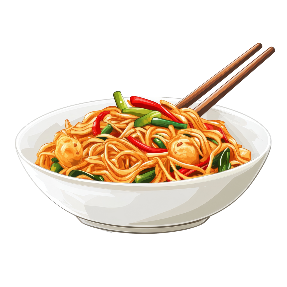 Delicious chow mein noodles with vegetables served in a bowl on a transparent background, Chow mein japanese food Isolated transparent background png