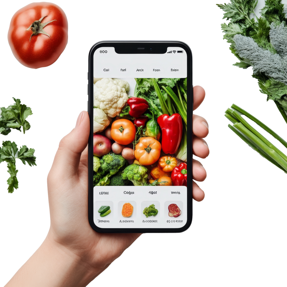 Exploring fresh grocery options on an online shopping app in a modern kitchen setting, Online grocery shopping app and fresh groceries png