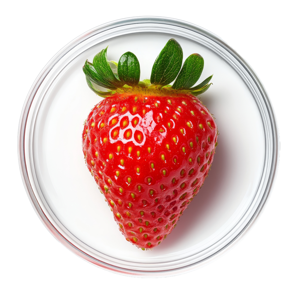 Fresh strawberry placed on a petri dish highlighting its essence and vivid details in a laboratory setting, Fresh strawberry with essence on petri dish over transparent background png