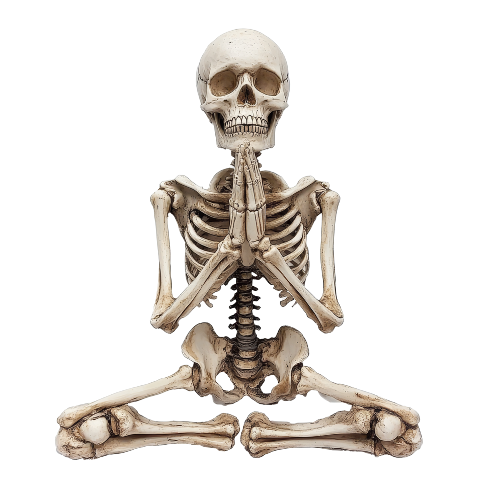 A skeleton in a prayer pose on a transparent background offers a humorous twist on relaxation and spirituality, Skeleton prayer isolated on transparent background. Skeletal human praying to lord png