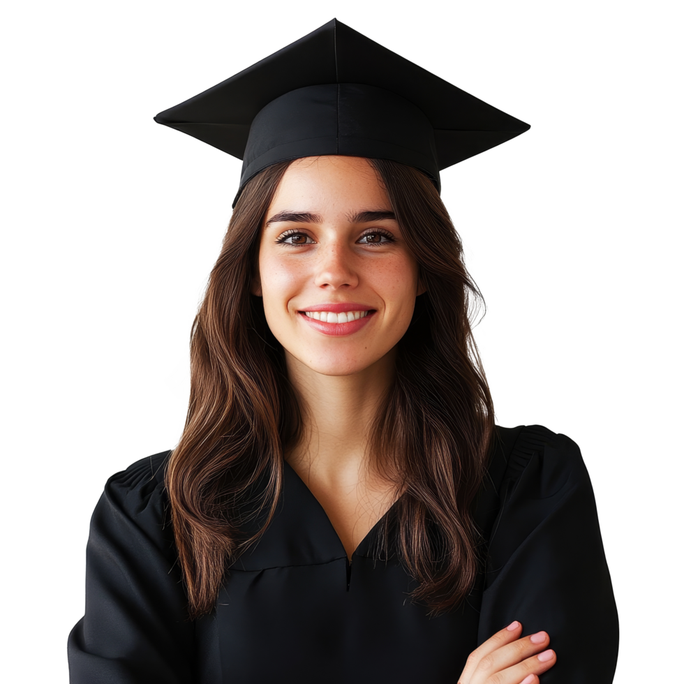 Confident female graduate with a smile stands proudly against a transparent background, showcasing her accomplishments with poise, Confident Female Graduate on transparent background png